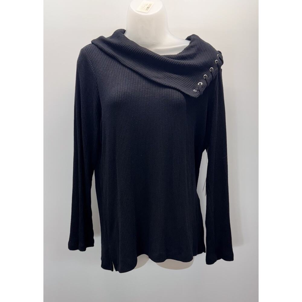 CHICOS Black Rayon Blend Split Cowl Neck Long Sleeve Tunic NWT